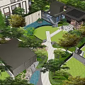 Modern Garden Landscape With Lush Greenery Stone Pathway And Water Feature