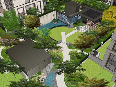 Modern Garden Landscape With Lush Greenery Stone Pathway And Water Feature 3d model