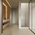 Modern Bathroom Interior Design With Glass Shower Enclosure White Bathtub White Cabinets And Recessed Lighting