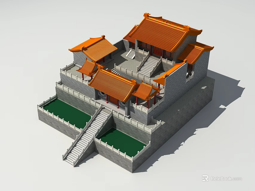 Traditional Ancient Chinese Architecture With Orange Tiled Roofs Gray Stone Walls And Green Courtyards 3d model 
