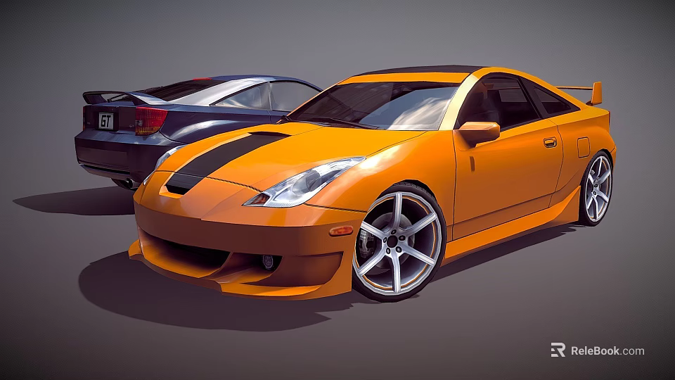 Orange Modified Sports Car Featuring Black Stripes And Dark Colored Vehicle Behind 3d model 