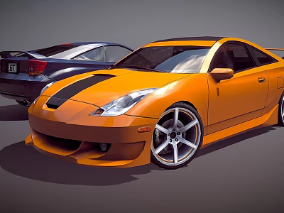 Orange Modified Sports Car Featuring Black Stripes And Dark Colored Vehicle Behind 3d model