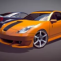 Orange Modified Sports Car Featuring Black Stripes And Dark Colored Vehicle Behind