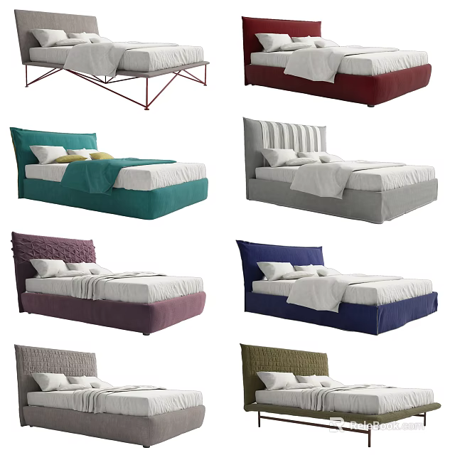 Stylish Double Bed Designs in Multiple Colors with Soft Bedding and Decorative Pillows 3d model
