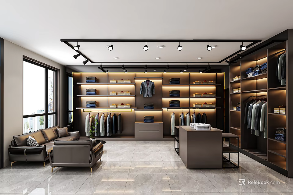Modern Clothing Store Interior With Shelves Hanging Clothes Sofa And Counter 3d model 