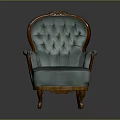 Classic Interior Armchair With Tufted Blue Fabric And Wooden Carved Armrests