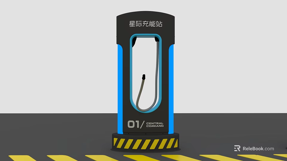 Industrial Equipment Charging and Swapping Station with Charging Gun No 01 and Yellow Warning Stripes 3d model 