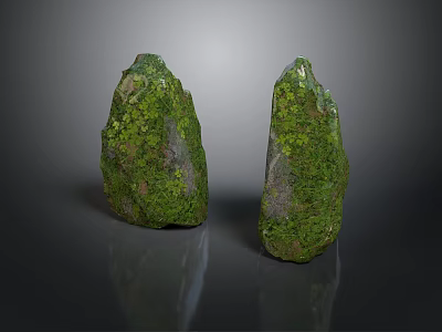 Two Natural Stone Rocks Covered With Green Moss And Textured Surfaces 3d model