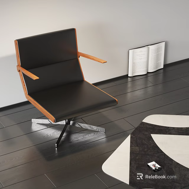 Black Leisure Chair with Wooden Armrests and Metal Legs on Dark Floor with Open Book 3d model 