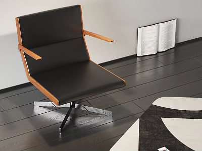 Black Leisure Chair with Wooden Armrests and Metal Legs on Dark Floor with Open Book 3d model