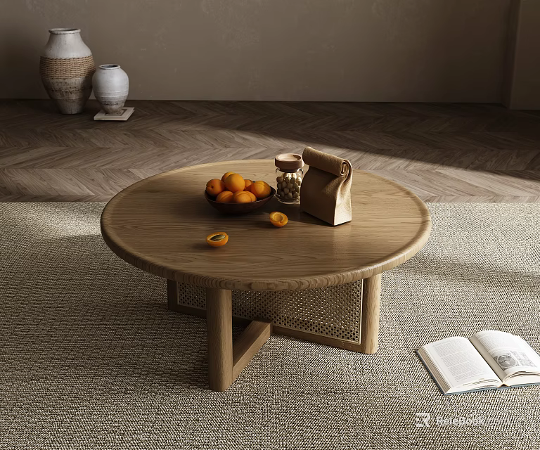 Round Wooden Coffee Table With Woven Detail Oranges Jar Brown Bag Open Book on Carpet 3d model 