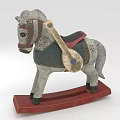 Vintage Wooden Rocking Horse With Gray White Body Red Base And Decorative Saddle Details