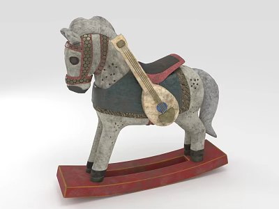 Vintage Wooden Rocking Horse With Gray White Body Red Base And Decorative Saddle Details 3d model