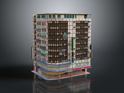 Multi Story Building Model With Ground Floor Shops Various Colored Facades And Upper Floor Balconies 3d model