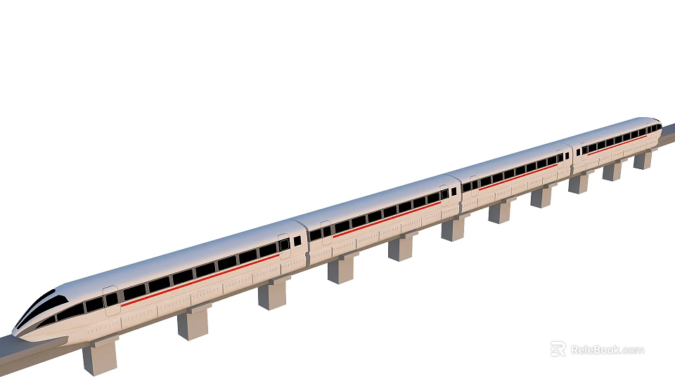 Modern High Speed Train Traveling On Elevated Railway Track With Concrete Pillars 3d model 