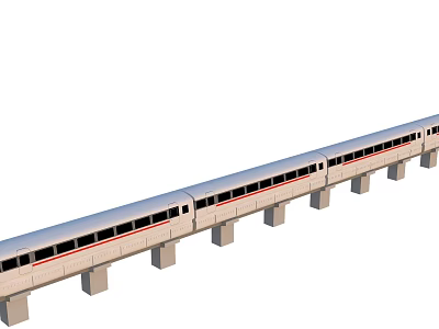 Modern High Speed Train Traveling On Elevated Railway Track With Concrete Pillars 3d model