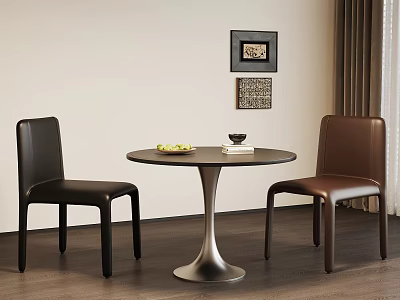 Round Negotiation Table and Leather Chairs with Fruit Plate Book and Decorative Paintings 3d model