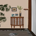 Wooden Console Cabinet With Glass Doors Vase Books Green Plant And Floor Lamp