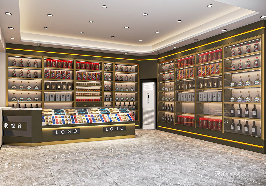 Tobacco and Liquor Store Interior With Shelves Stocked Alcohol Cigarettes Various Products And Retail Counter 3d model 