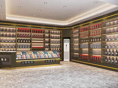 Tobacco and Liquor Store Interior With Shelves Stocked Alcohol Cigarettes Various Products And Retail Counter 3d model