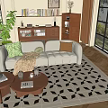 Beige Curved Sofa With Green Brown Cushions And Wooden Round Coffee Table On Geometric Rug