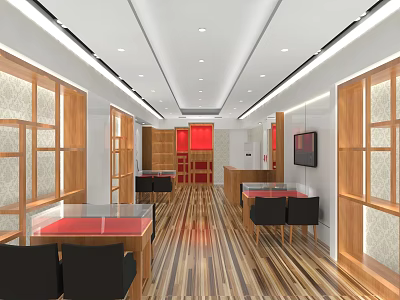 Elegant Retail Store Interior With Wooden Display Cabinets Red Accents And Tables 3d model