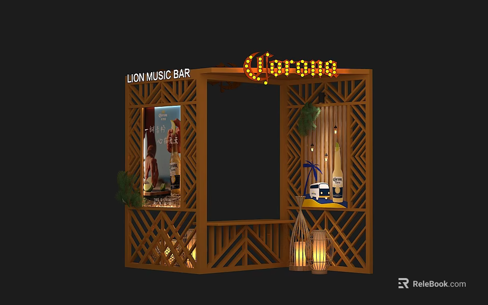 Lion Music Bar Carana Wooden Entrance Design With Plants And Decorative Lights 3d model 