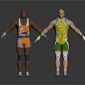 Two Athletic Men In Colorful Wrestling Outfits With Protective Gear Posing