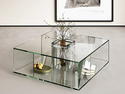 Modern Transparent Glass Coffee Table With Vase Plants Fruit Plate And Books 3d model
