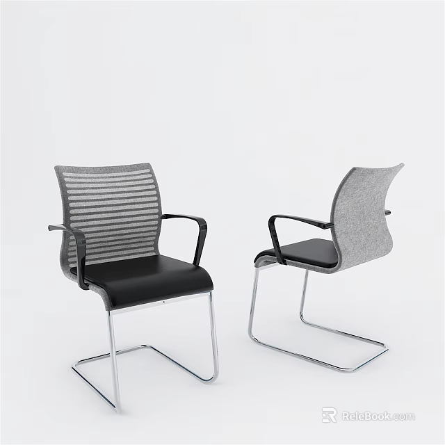 Modern Office Chairs with Gray Striped Backrest Black Seats Armrests and Chrome Metal Frames 3d model 