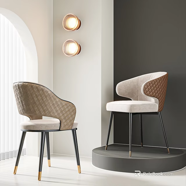 Modern Dining Chairs With Woven Texture And Velvet Upholstery In Minimalist Setting With Round Lamps 3d model 