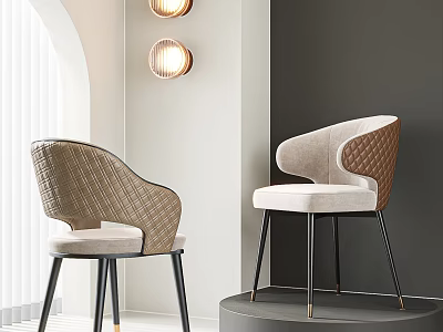 Modern Dining Chairs With Woven Texture And Velvet Upholstery In Minimalist Setting With Round Lamps 3d model