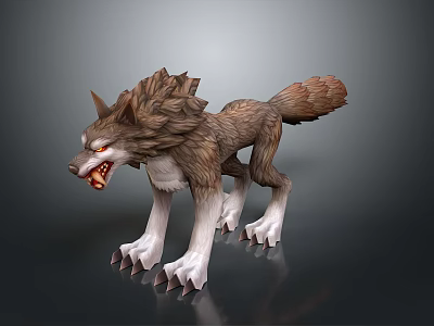 3D Rendered Ferocious Wolf Like Creature With Fluffy Fur Open Mouth And Sharp Claws 3d model