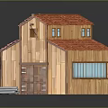 Wooden Cabin with Red Roof Windows Wooden Structure Exterior Bench and Pipes