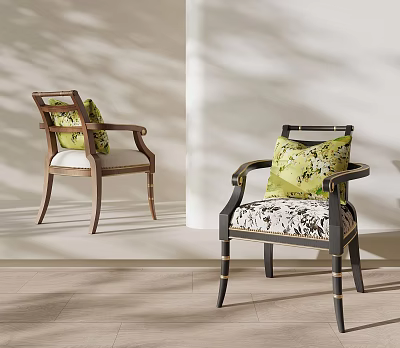 Modern Leisure Chairs With Green Patterned Cushions And Contrasting Frames In Light Room 3d model