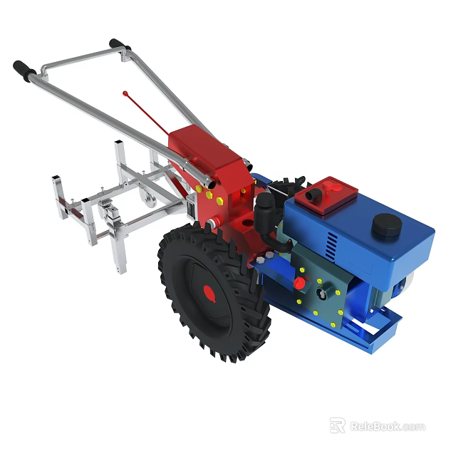 Small Walking Tractor With Red Blue Engine Metal Frame And Large Wheels 3d model