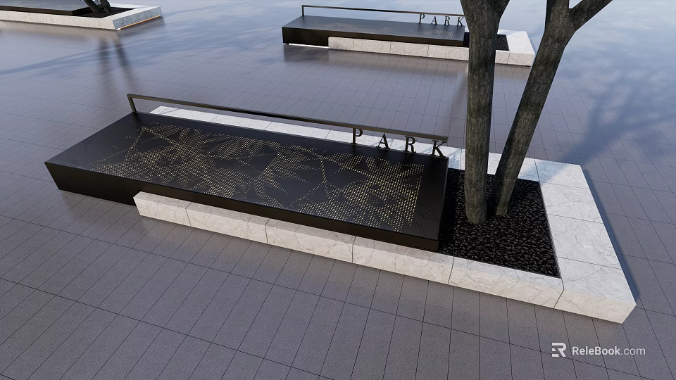 Black Outdoor Chair with Patterned Surface Near Tree on Gray Floor Tiles and Stone Edges 3d model 