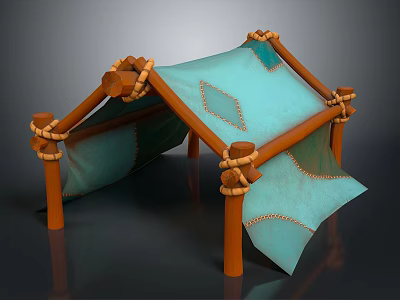 Tent Shaped Decorative Furniture With Wooden Frames Blue Fabric And Braided Details 3d model