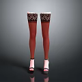 Chic Women's Stockings with Lace Trim Red Color and High Heels Design