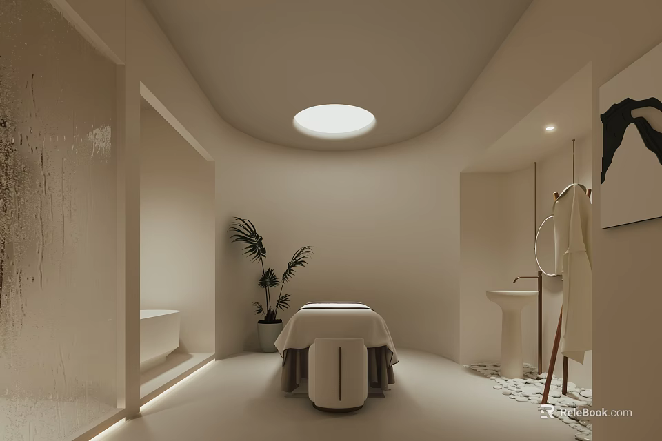 Modern SPA Sauna Interior With Massage Table Potted Plant Bathtub And Soft Lighting 3d model 