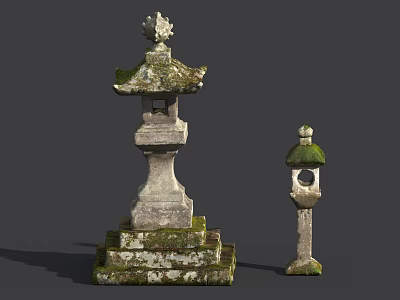 Traditional Stone Outdoor Lanterns With Moss For Garden Decor In Different Sizes 3d model