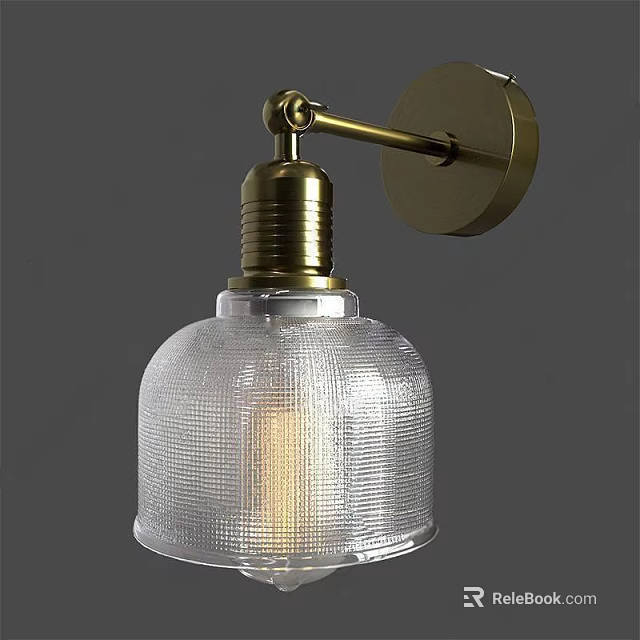 Brass Wall Sconce with Transparent Textured Glass Shade Warm Bulb and Metal Base 3d model 