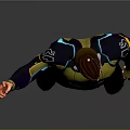 Man In Futuristic Yellow And Blue Outfit With Knee Pads Raising Hand Against Gray Background
