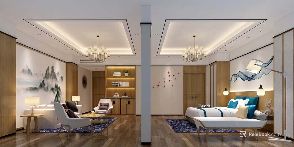 Luxurious Modern Hotel Room Interior With Wooden Furniture Chandeliers And Decorative Paintings 3d model 