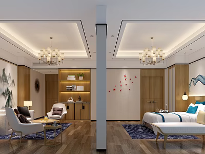 Luxurious Modern Hotel Room Interior With Wooden Furniture Chandeliers And Decorative Paintings 3d model