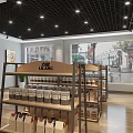 Modern Specialty Store Interior Featuring Shelves Products Cashier Counter Wooden Flooring And Black Ceiling