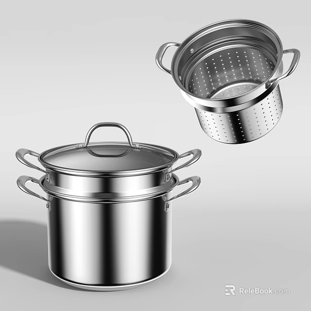 Stainless Steel Steamer Set With Multilayer Design And Steam Basket 3d model 