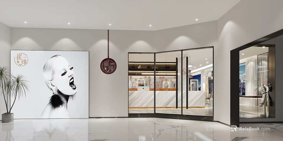 Modern Retail Store Interior With Glass Doors Display Shelves Bright Lighting And Art Painting 3d model 