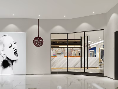 Modern Retail Store Interior With Glass Doors Display Shelves Bright Lighting And Art Painting 3d model