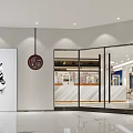 Modern Retail Store Interior With Glass Doors Display Shelves Bright Lighting And Art Painting